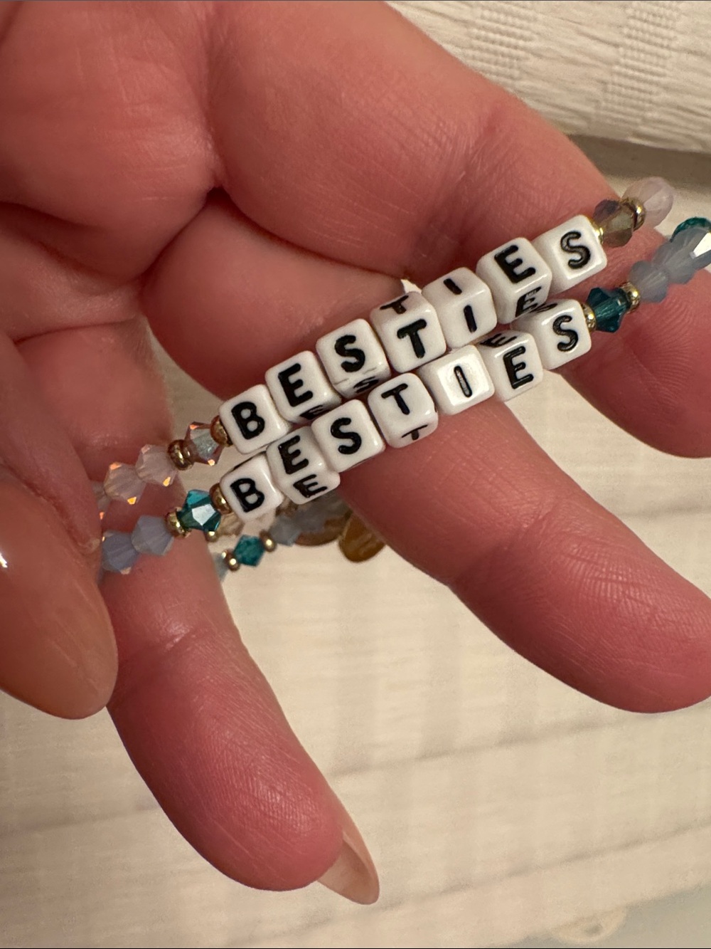 Beaded 'BESTIES' Stretch Bracelet in White and Teal